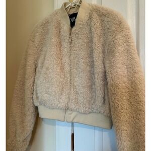 Zara Faux Fur Bomber Jacket Cream Beige Full Zip Cropped Coat 4341/755/712 Small